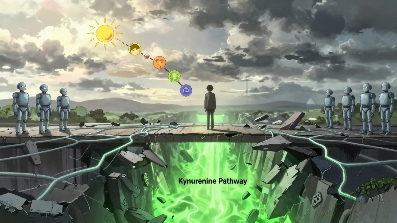 A person on a crumbling neural bridge, with toxic green kynurenine below and therapy symbols above as safe alternatives.