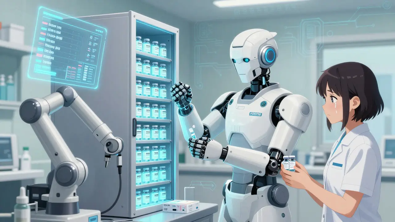 A pharmacist in armored uniform dispenses insulin vials using holographic technology.