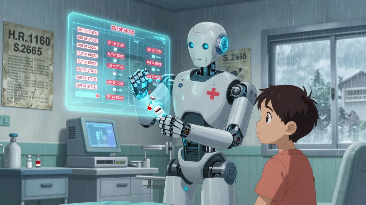 A robotic nurse in a rural hospital administers expired antibiotics to a child under flickering emergency lights.