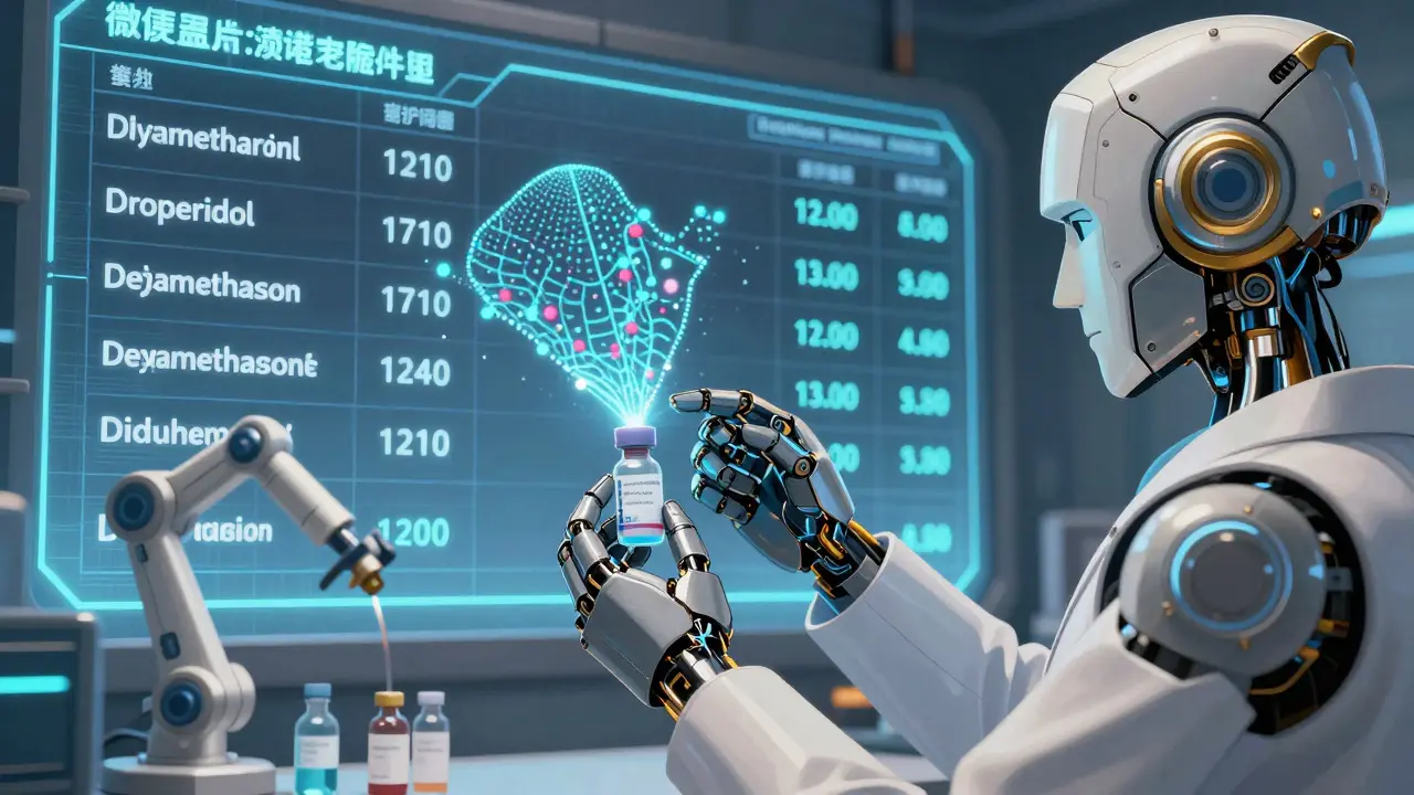 A scientist holds a saliva test vial projecting genetic data, while robotic arms prepare generic antiemetic doses.