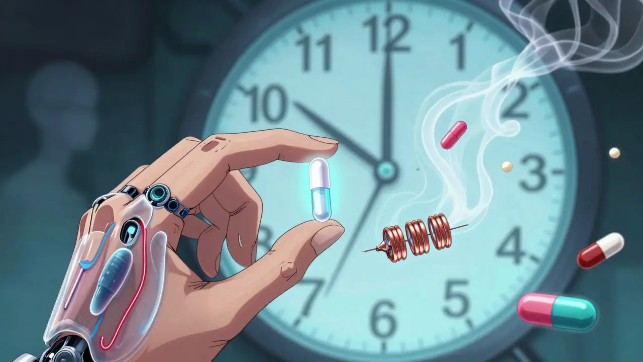 A woman holds a progestin-only pill next to an IUD, with robotic overlays showing how hormones block pregnancy.