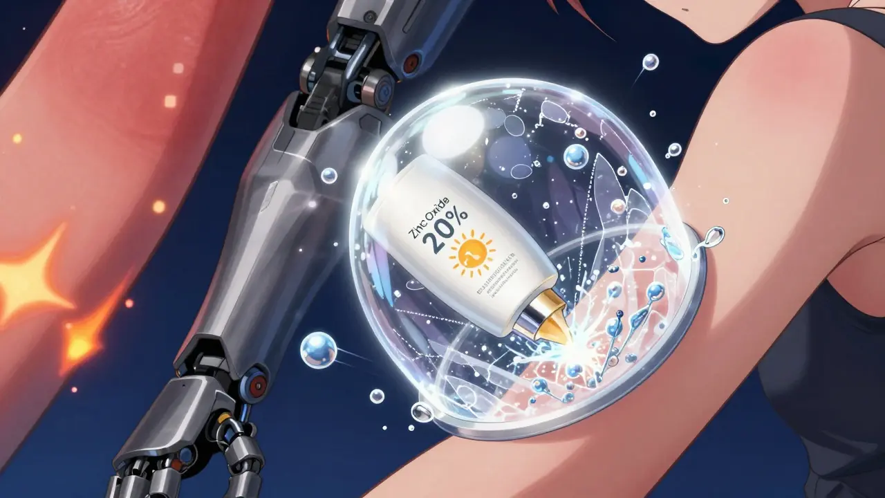 Crystalline sunscreen shield blocking harmful UV rays while chemical sunscreens break apart.