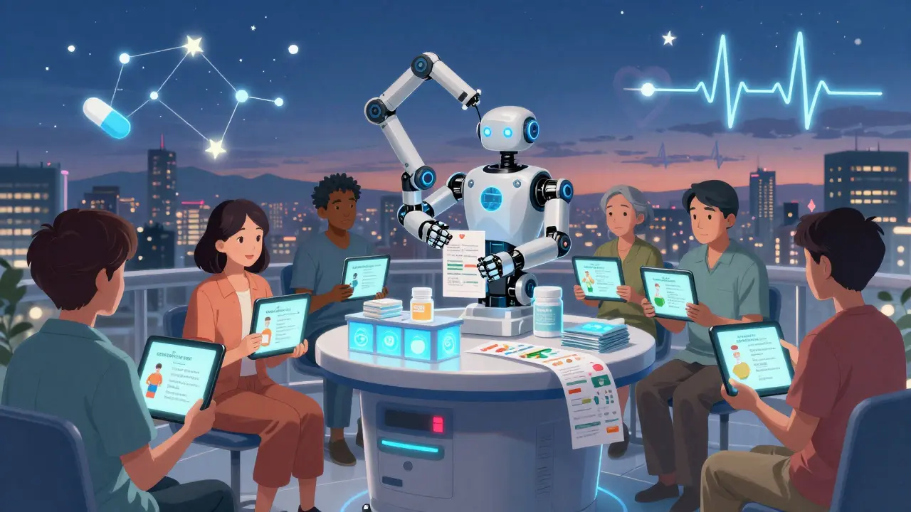 Diverse patients receive personalized medication education in a floating pharmacy with glowing digital handouts.