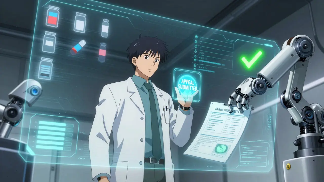 Doctor submitting an appeal via holographic interface as a robotic arm delivers a medical report.