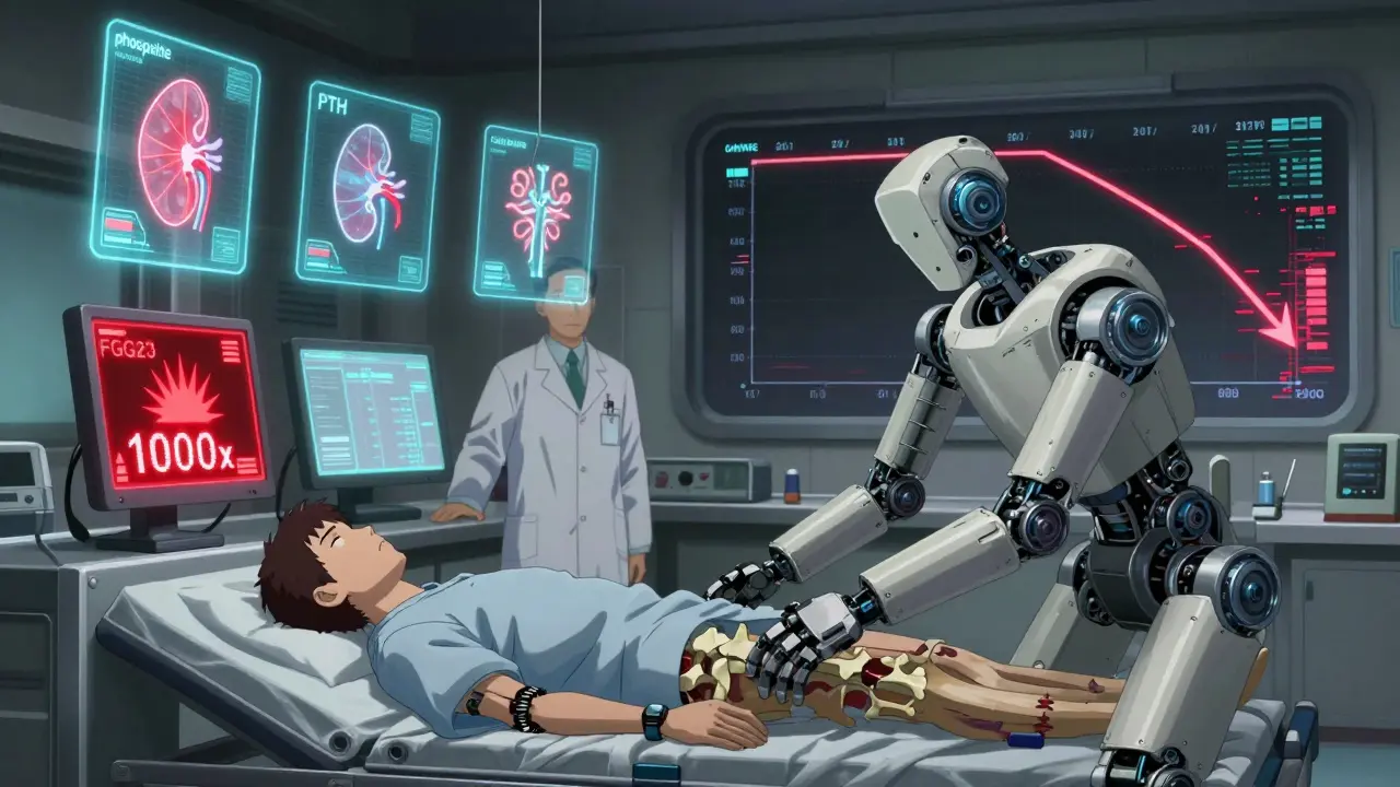 Doctors monitoring holographic CKD-MBD metrics as a robotic exoskeleton supports fragile bones.