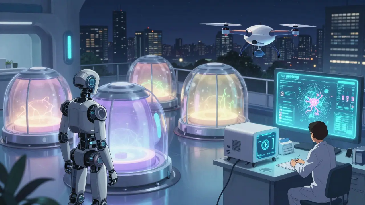 Futuristic medical center at night with glowing desensitization pods and a drone delivering personalized immune profiles to a specialist.