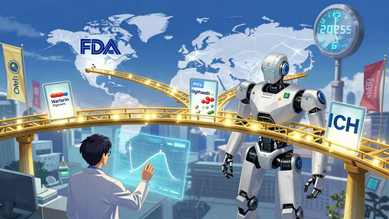 Global regulatory network connected by golden bridges carrying NTI drug tablets, with a PBPK simulation hologram and a 2025 countdown.