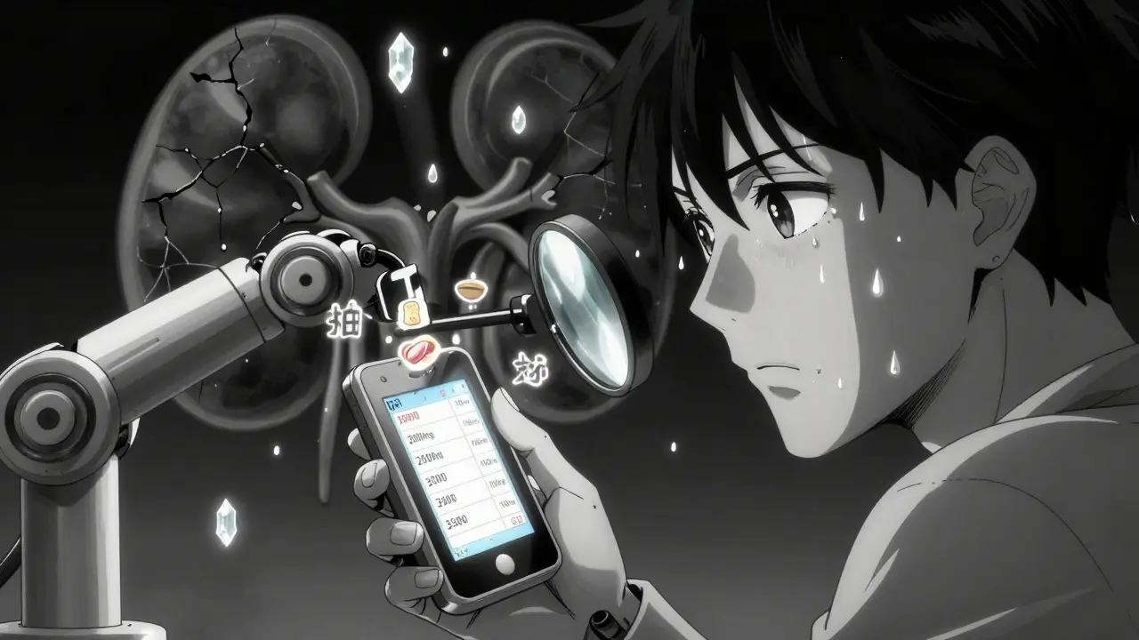 Hand holding a sodium tracker as robotic arm reveals hidden salt sources in food.