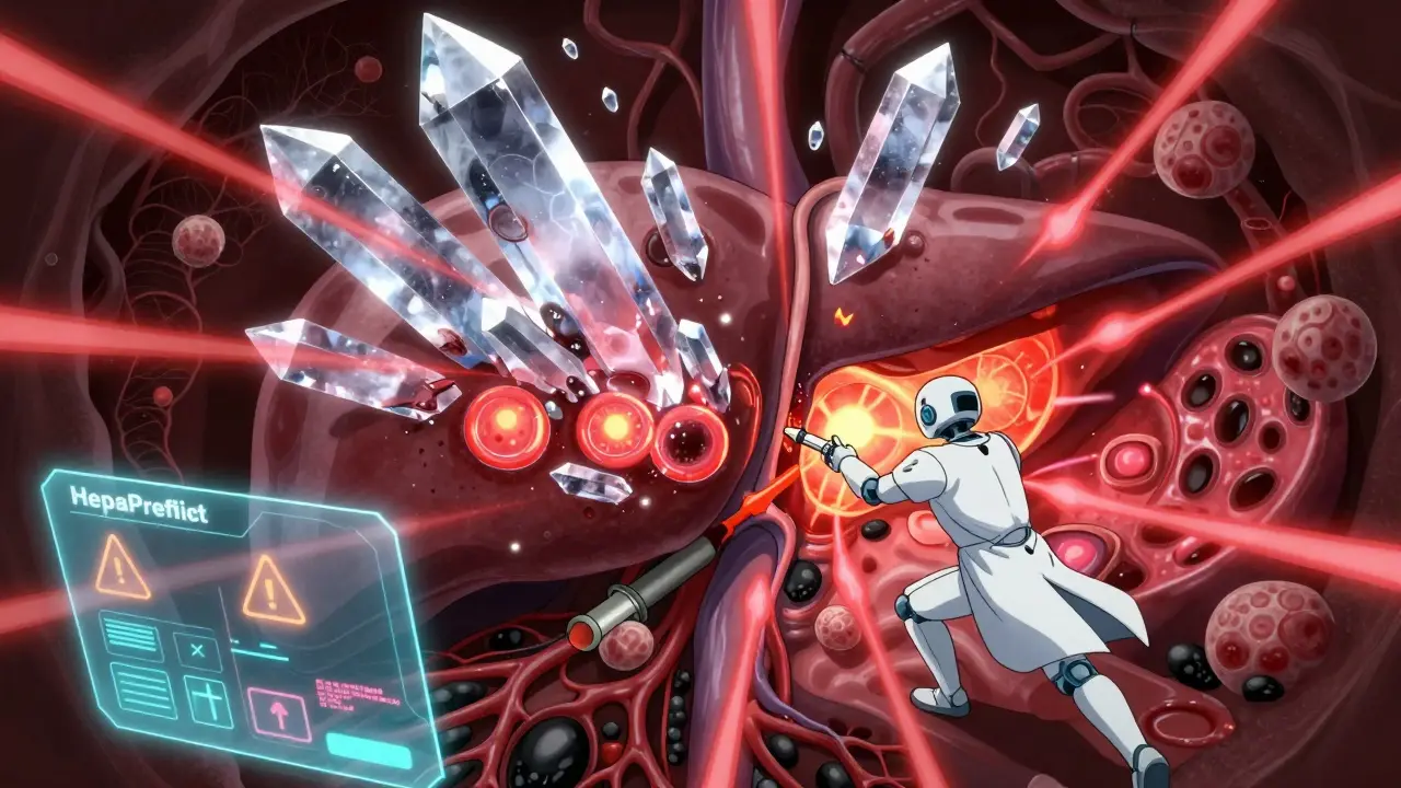 Internal view of a liver being destroyed by toxic crystals, with a robot doctor injecting life-saving treatment.