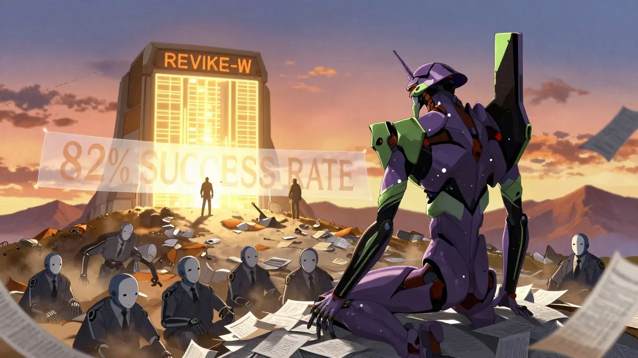 Patient climbing a mountain of denial letters toward a glowing external review portal.