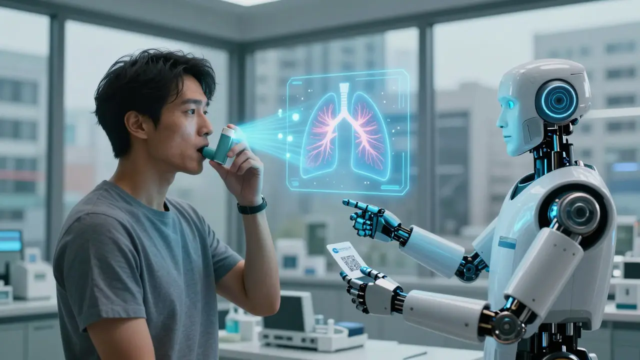 Patient demonstrates inhaler technique as a digital lung diagram shows proper drug delivery.