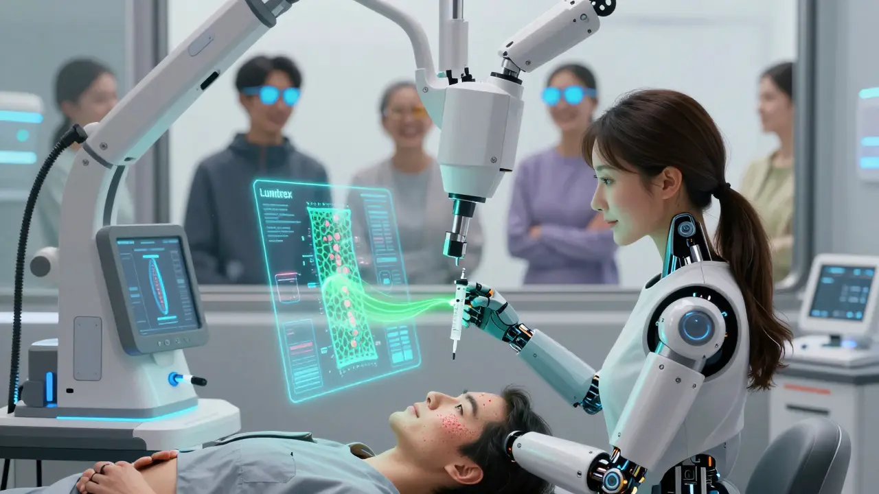 Patient receiving Lumitrex treatment as genetic data glows on hologram in futuristic clinic.