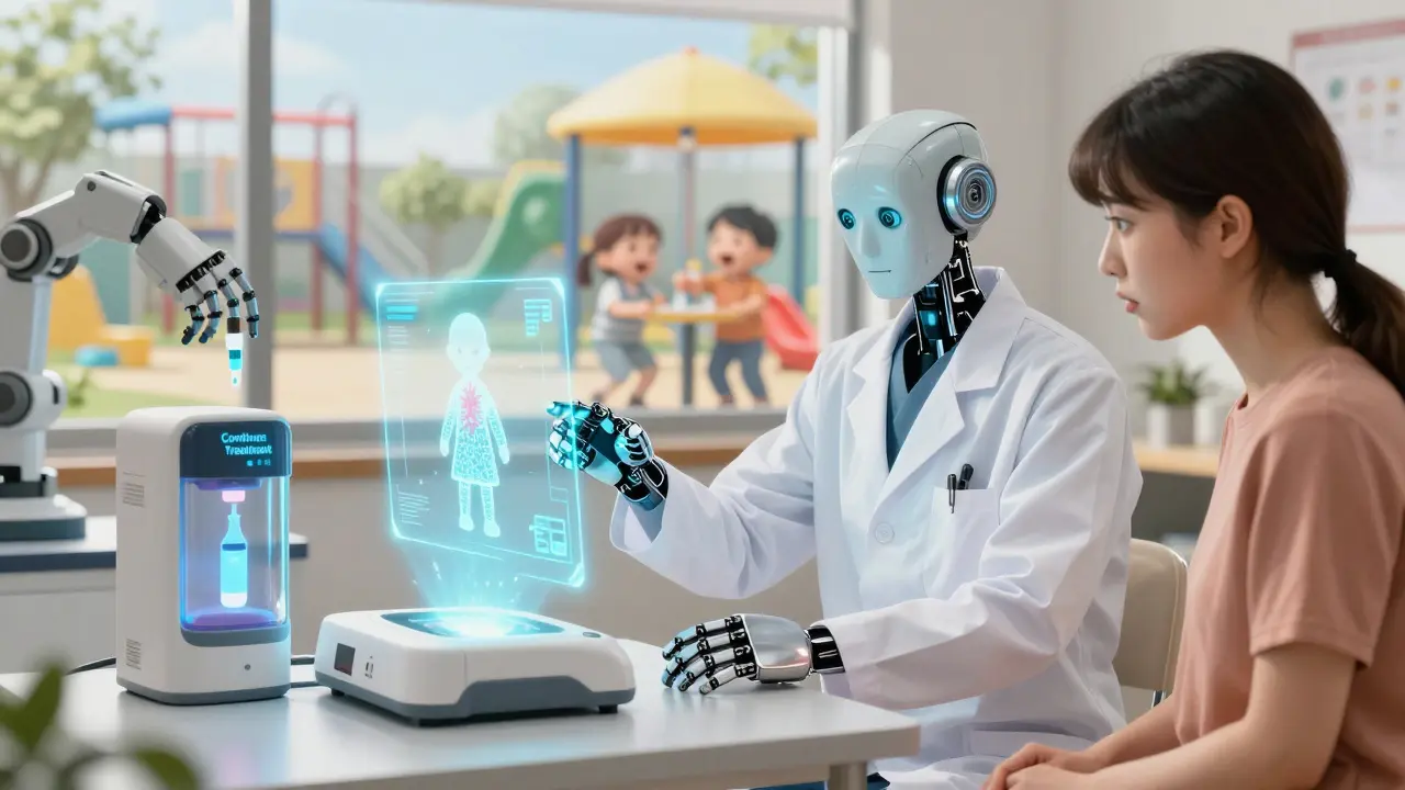 Pediatrician guides parent toward a holographic allergy test device with peaceful background.