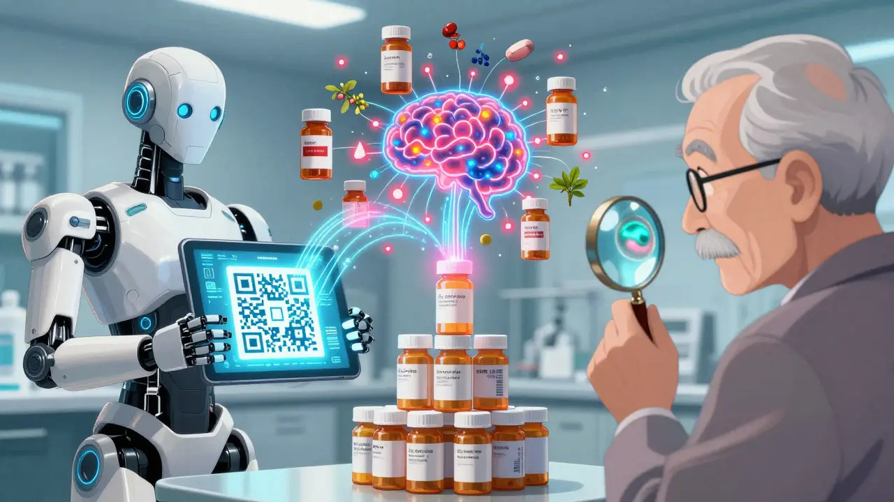 Pharmacist scanning QR code on medicine bottles with digital interaction alerts.