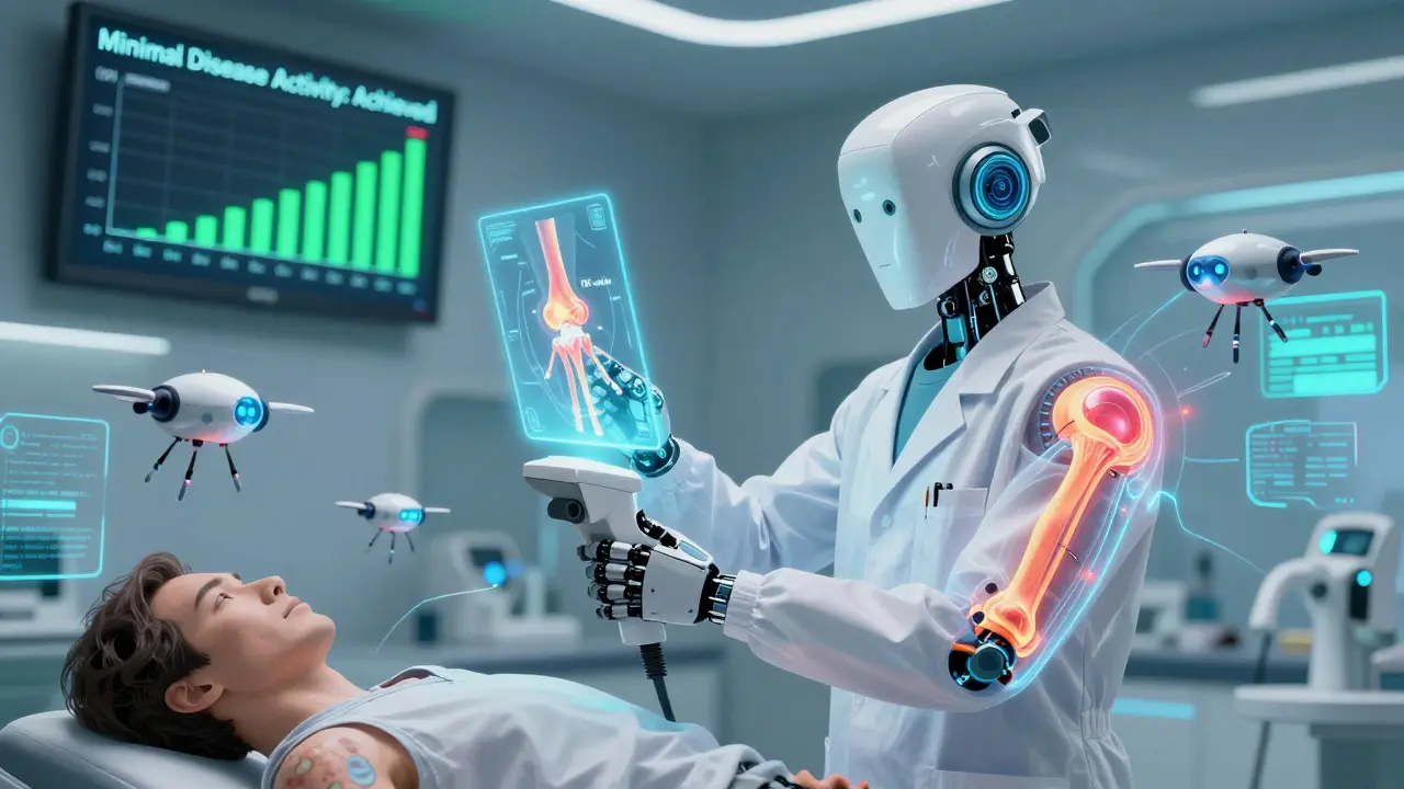 Rheumatologist scanning patient with holographic biologic drones neutralizing immune robots.
