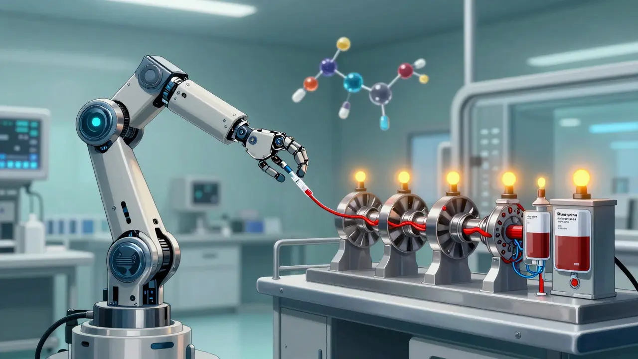 Robotic arm administering fluconazole as CYP enzymes slow down, warning lights flash on warfarin units in sterile lab.