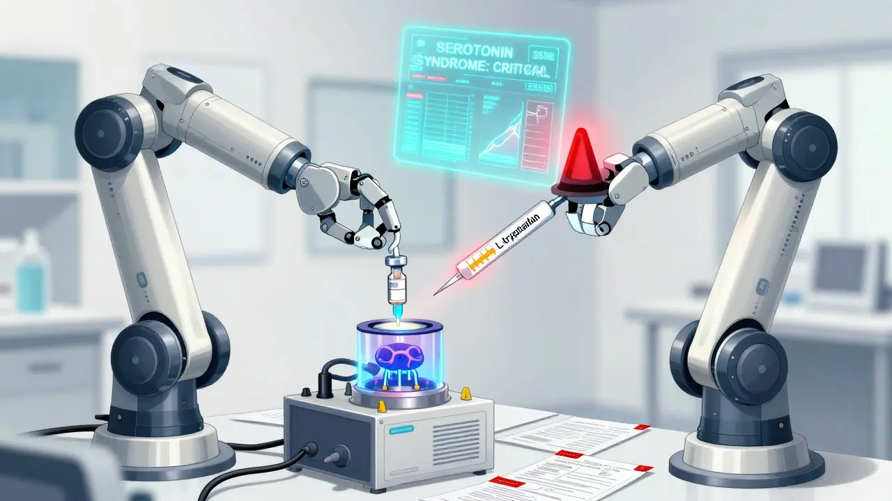 Robotic arms in a lab injecting antidepressants and tryptophan, triggering a serotonin syndrome warning signal.