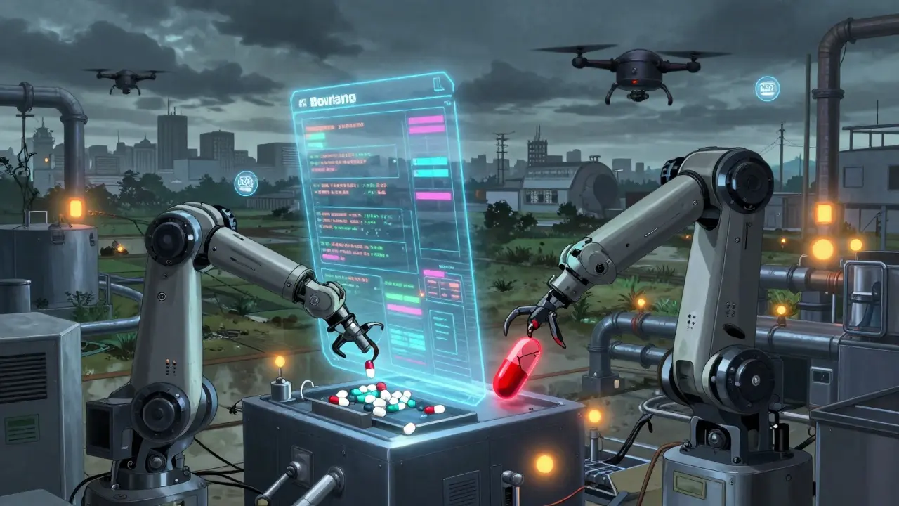 Robotic generic drug factory with holographic charts and a sabotaging corporate drone.