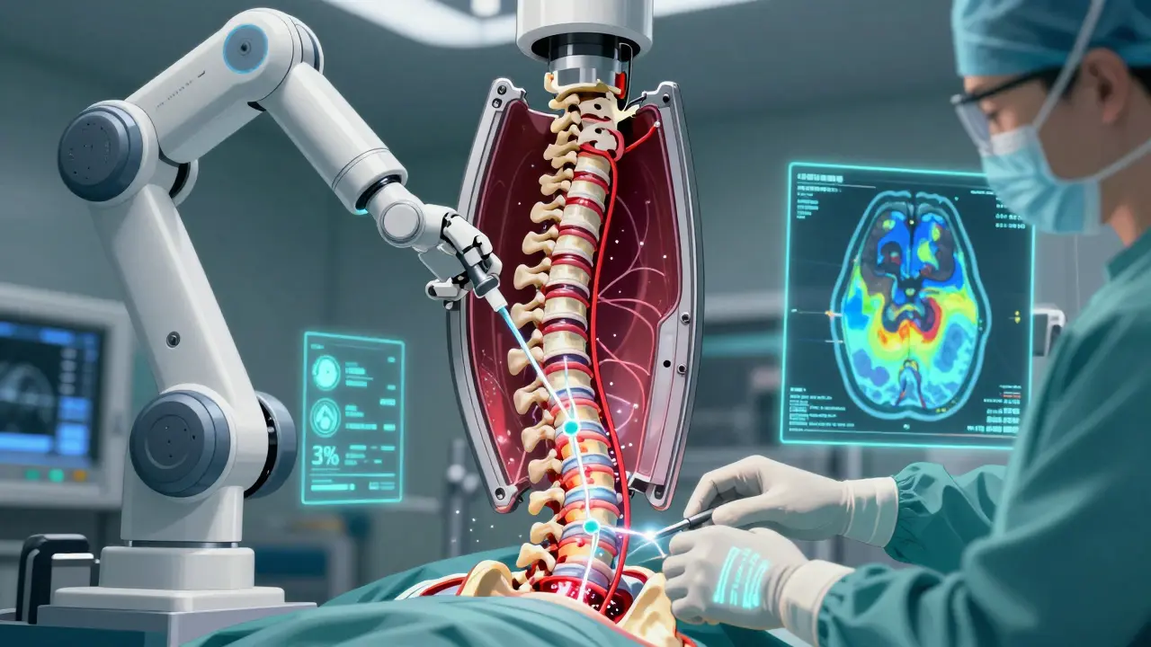 Robotic surgical arm performing laminoplasty on a hinged spine with glowing neuroprotective drugs.