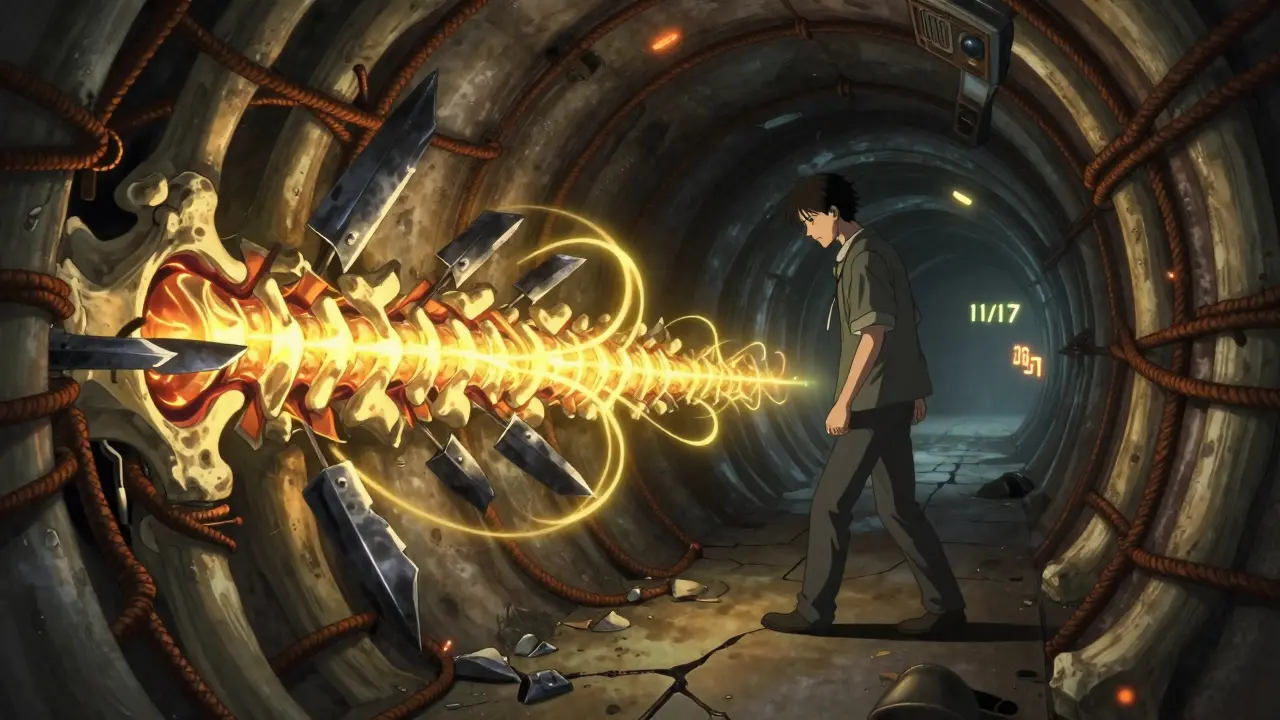 Spinal canal narrowing to 10mm with bone spurs compressing a glowing spinal cord.