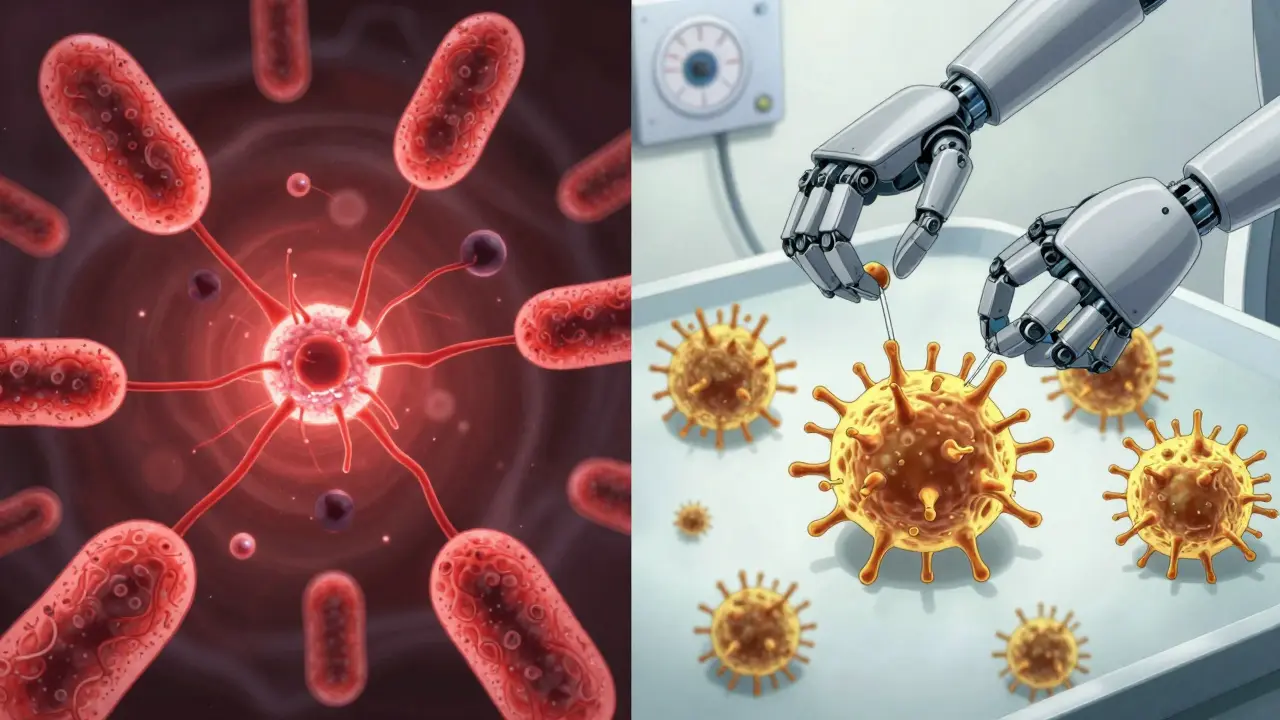 Split visual of immune system attacking a drug molecule versus peacefully accepting it, with robotic dosage controllers above.