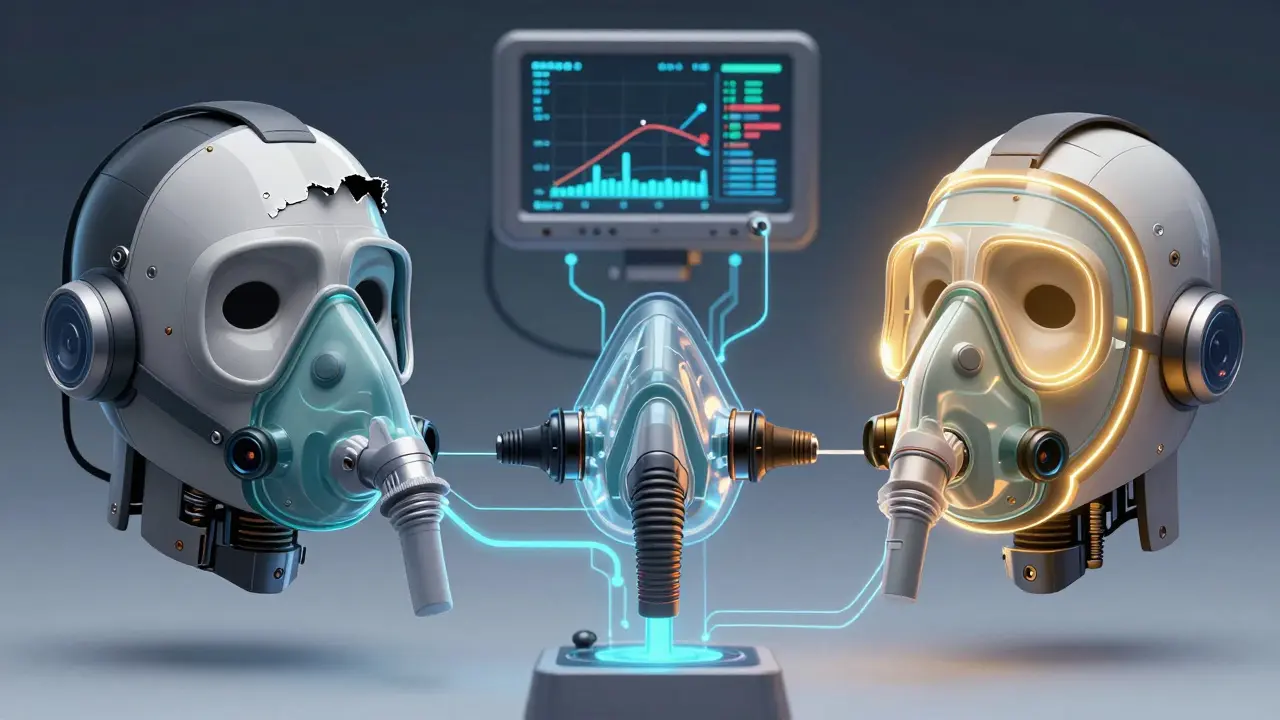 Three robotic CPAP masks float in mid-air with glowing seals and real-time sleep metrics displayed around them.