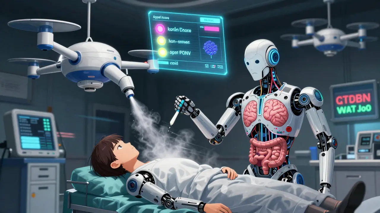 Two medical drones deliver droperidol and dexamethasone to a high-risk patient, with a holographic Apfel Score above.