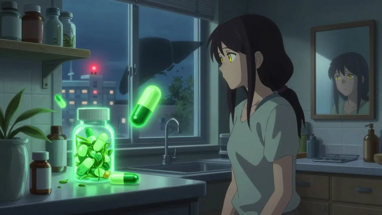 Woman in kitchen surrounded by glowing herbal supplements, her reflection showing early signs of liver failure.