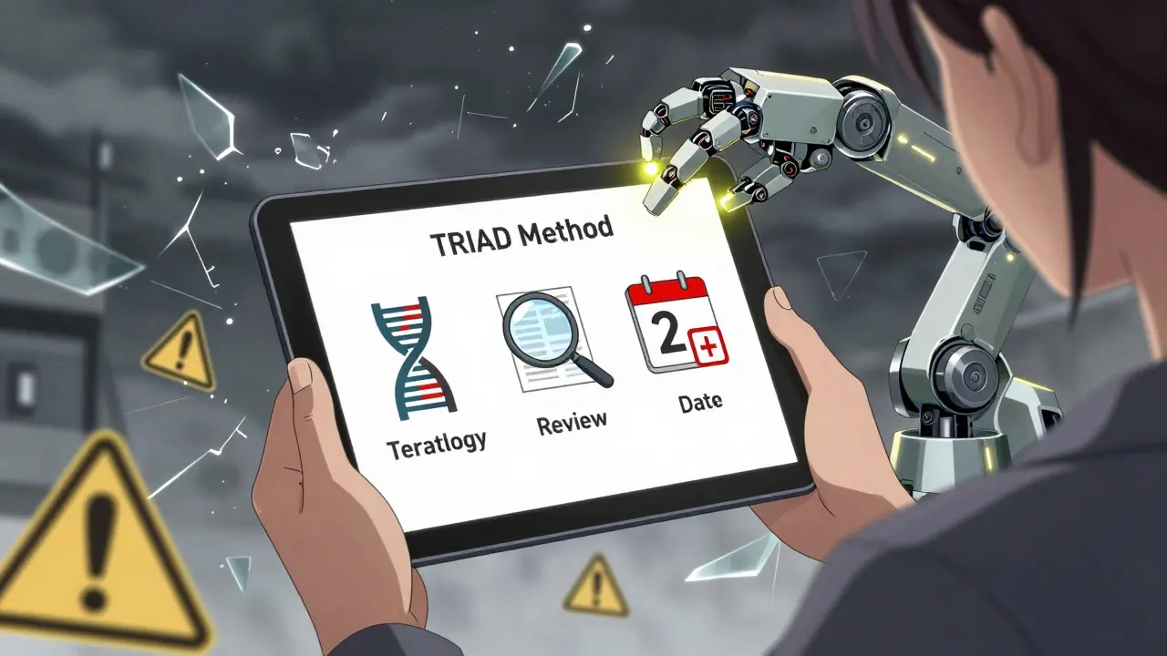 Woman’s hand holding a tablet displaying the TRIAD Method for evaluating pregnancy medication advice.