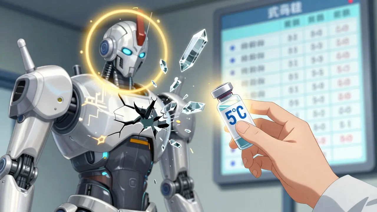 A cracked insulin vial releasing fading energy, with a replacement vial glowing and blockchain logs in the background.