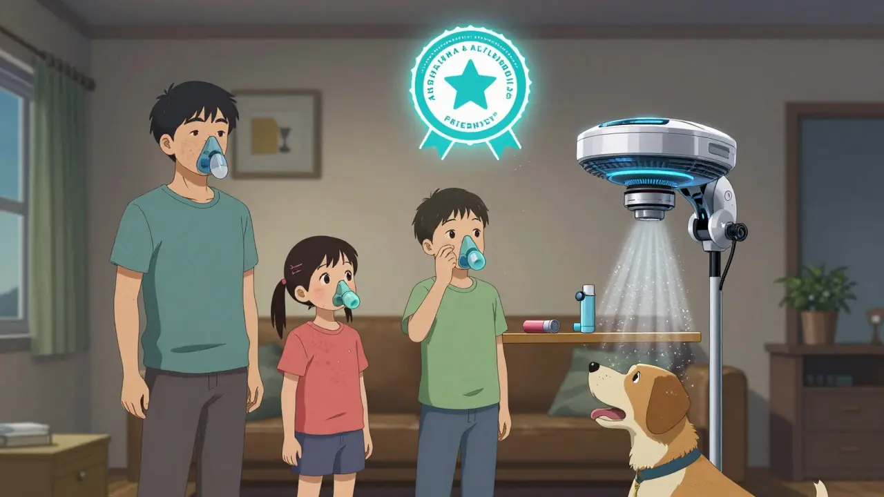 A family experiencing relief from allergies as a high-tech sprayer neutralizes allergens in their home.