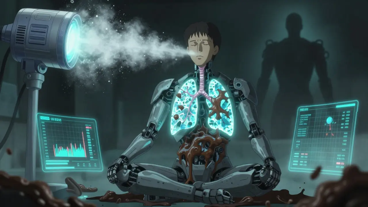 A nebulizer releasing saline mist that breaks down thick mucus in the lungs like mechanical armor.