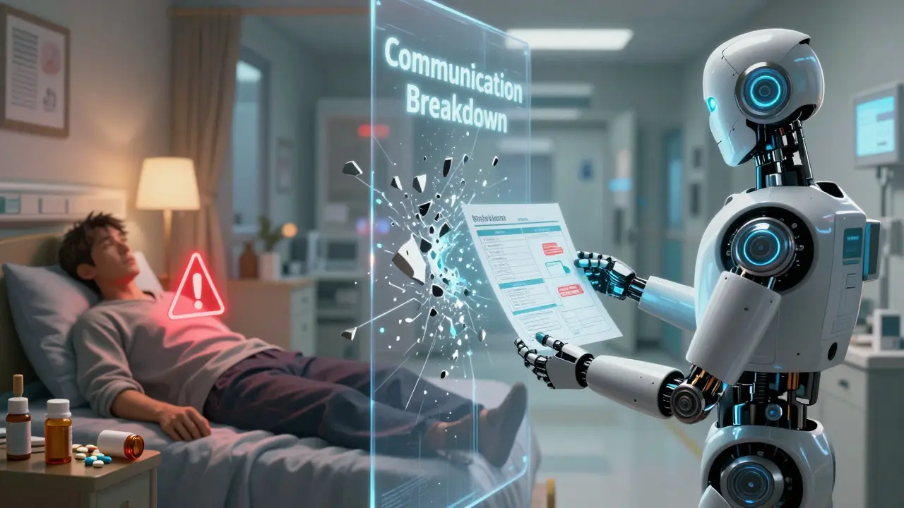A patient collapses at home while a robotic pharmacist offers a clear medication summary, symbolizing reconciliation.