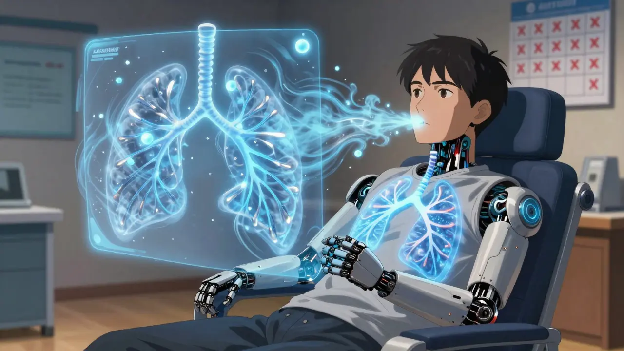 A patient using a handheld PEP device, visualizing breath pushing mucus out through glowing airways.