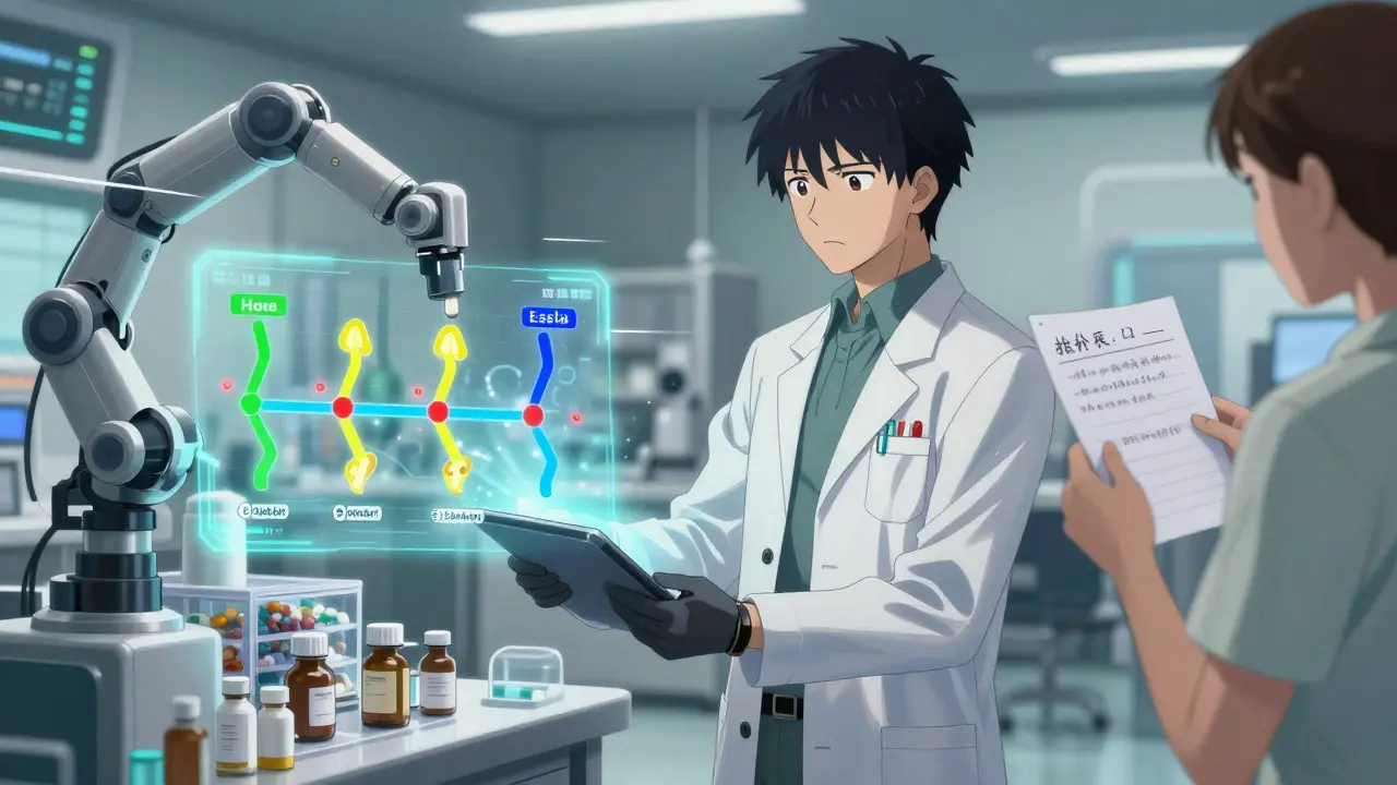 A pharmacist uses a 3D tablet to compare home, hospital, and discharge medication lists in a futuristic clinic.