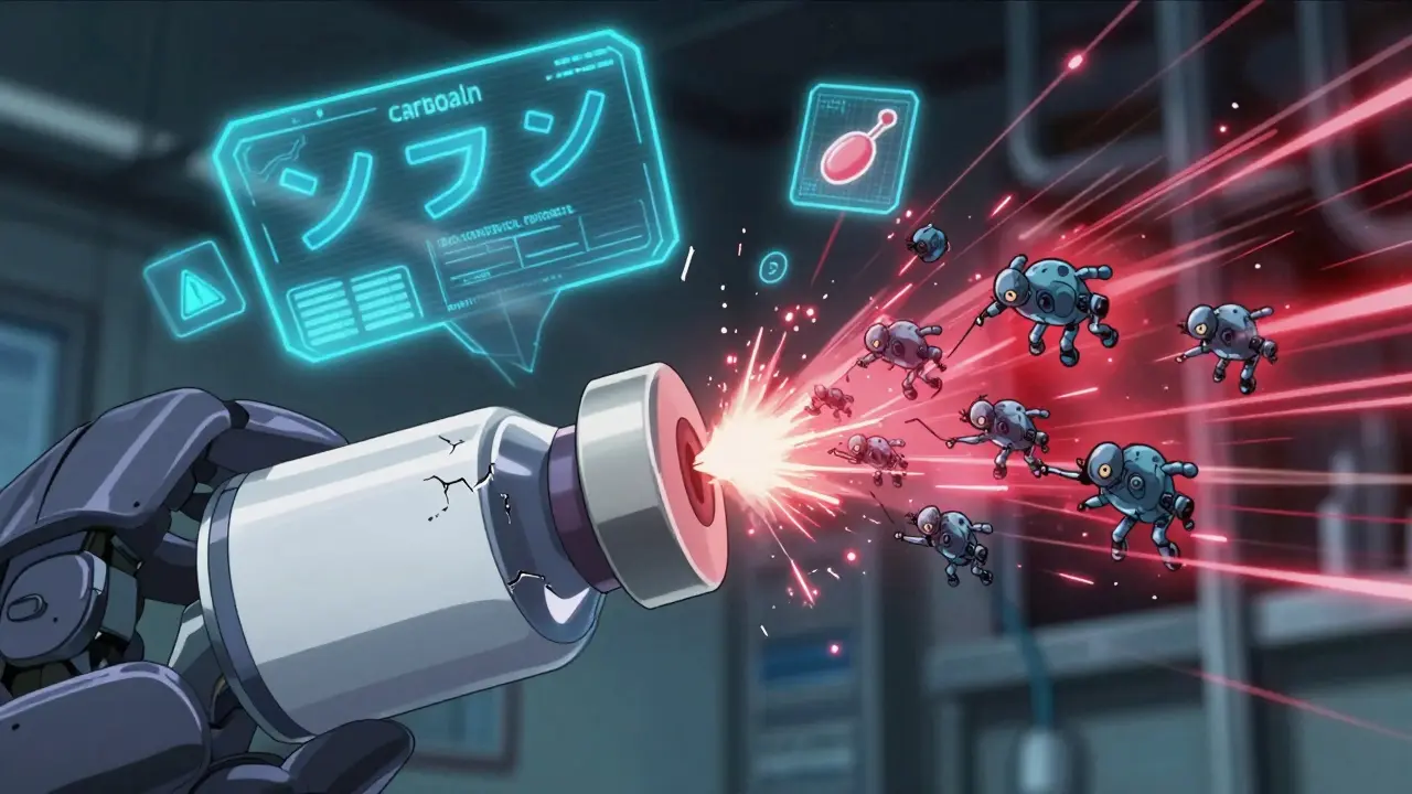 Chemotherapy vial cracking open as robotic immune cells attack drug molecules in a high-tech lab.