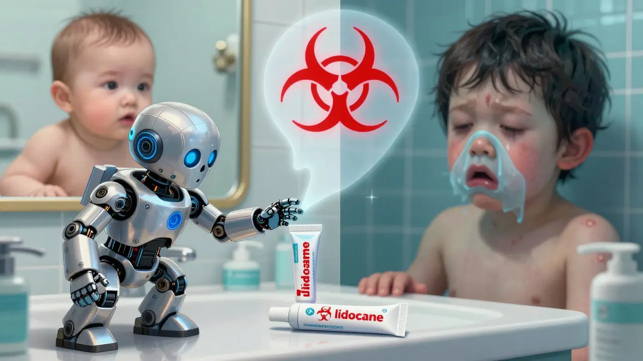 Child reaching for unsecured lidocaine tube while warning icons float above, symbolizing poisoning risk.