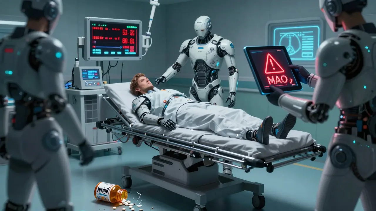 Emergency room scene with a patient in crisis, medical staff reacting to dangerous drug interactions from discarded bottles.