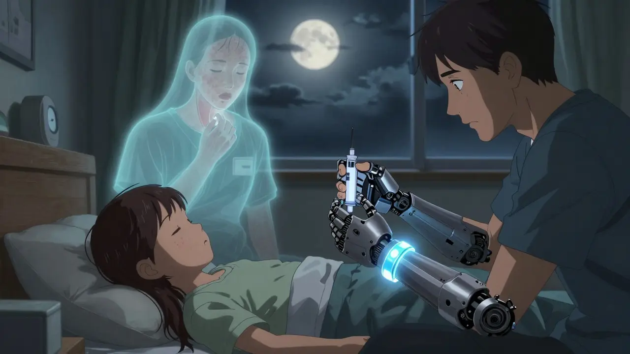 Family at home with patient sleeping, glowing medical alert bracelet and ghostly reaction silhouette.