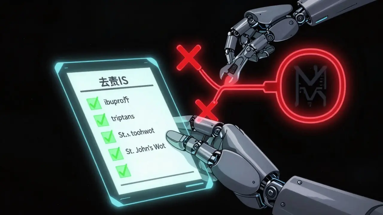 Hand holding a holographic medication list with green safe markers and red dangerous warnings, robotic repair in background.