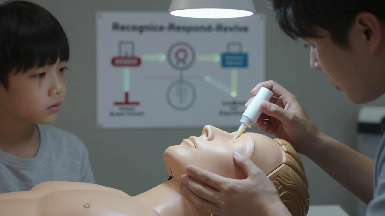 Hands practicing naloxone spray on a mannequin with a training flowchart visible on the wall behind them.