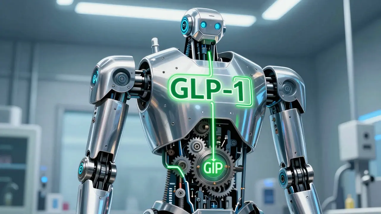 Humanoid robot with internal gears representing GLP-1 and GIP pathways in lab setting