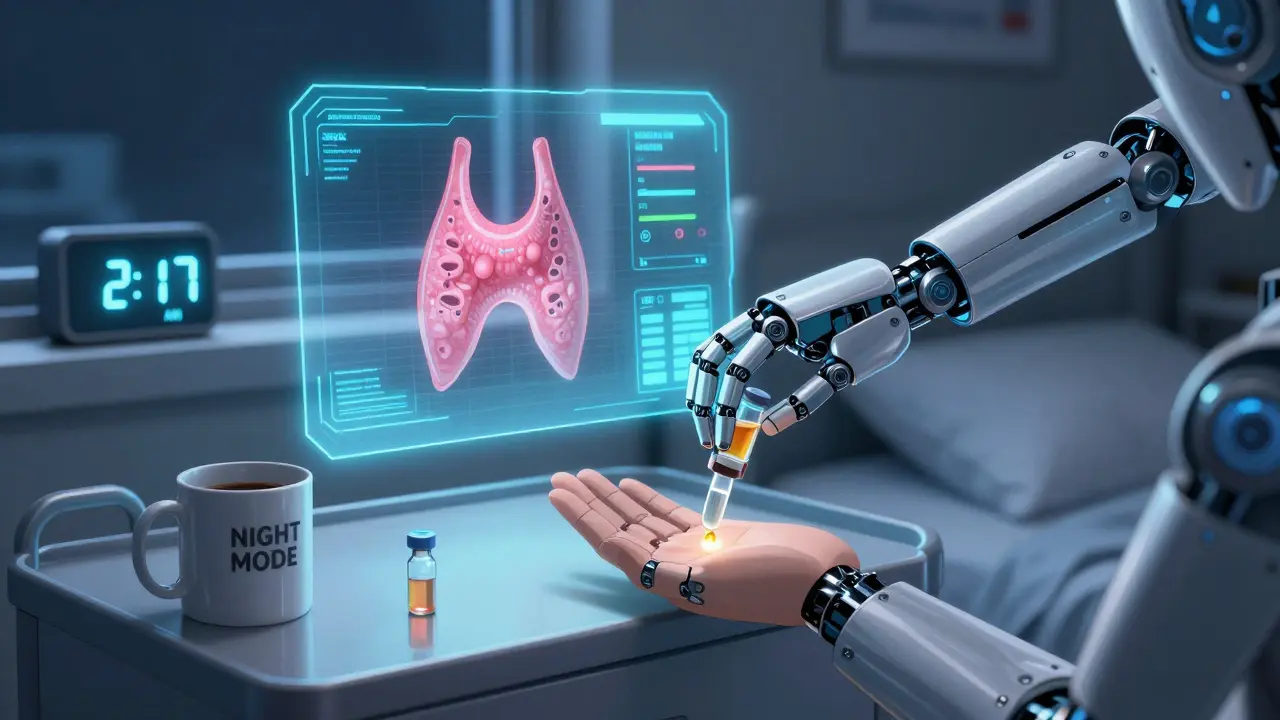 Nighttime dose of liquid levothyroxine with holographic thyroid display and digital clock showing 2:17 AM.