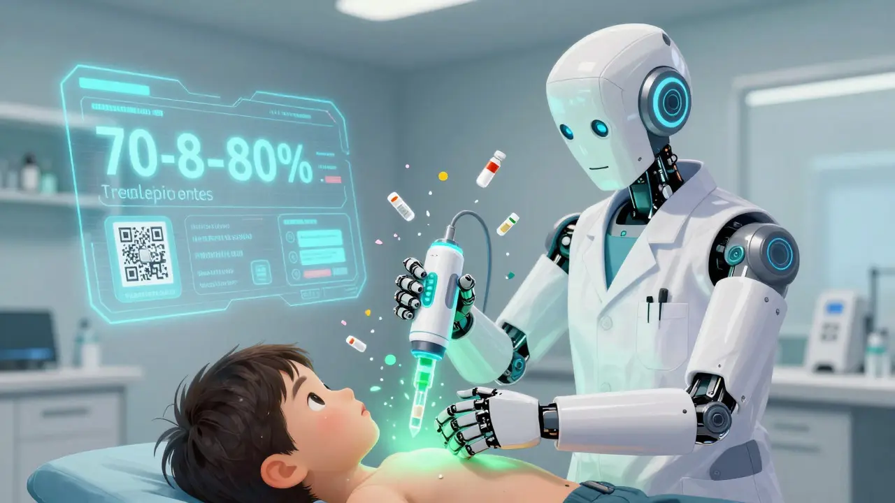 Pediatrician using advanced nanoparticle delivery device to treat child’s skin with reduced absorption.