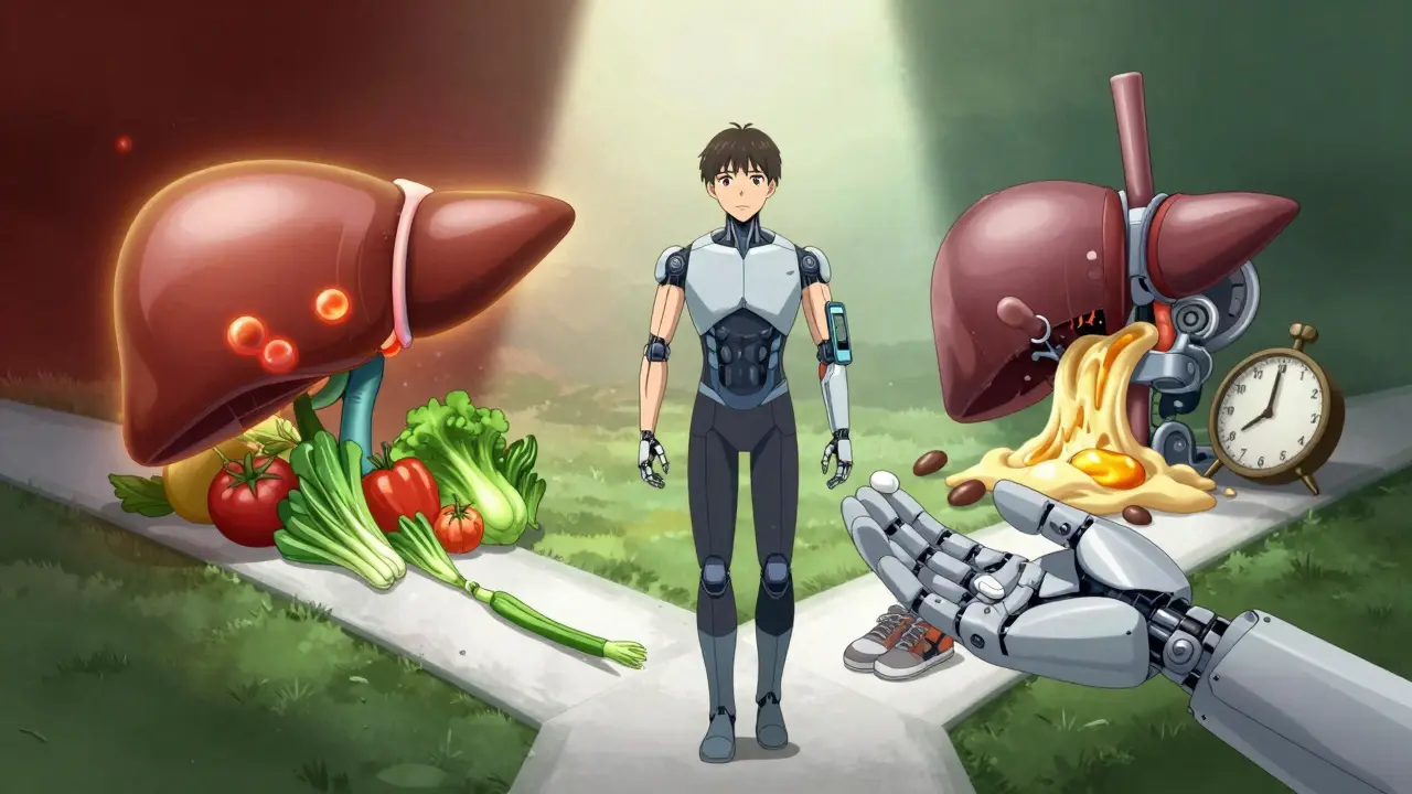 Person choosing between healthy lifestyle and metabolic decline, with medical symbols and biomechanical elements.