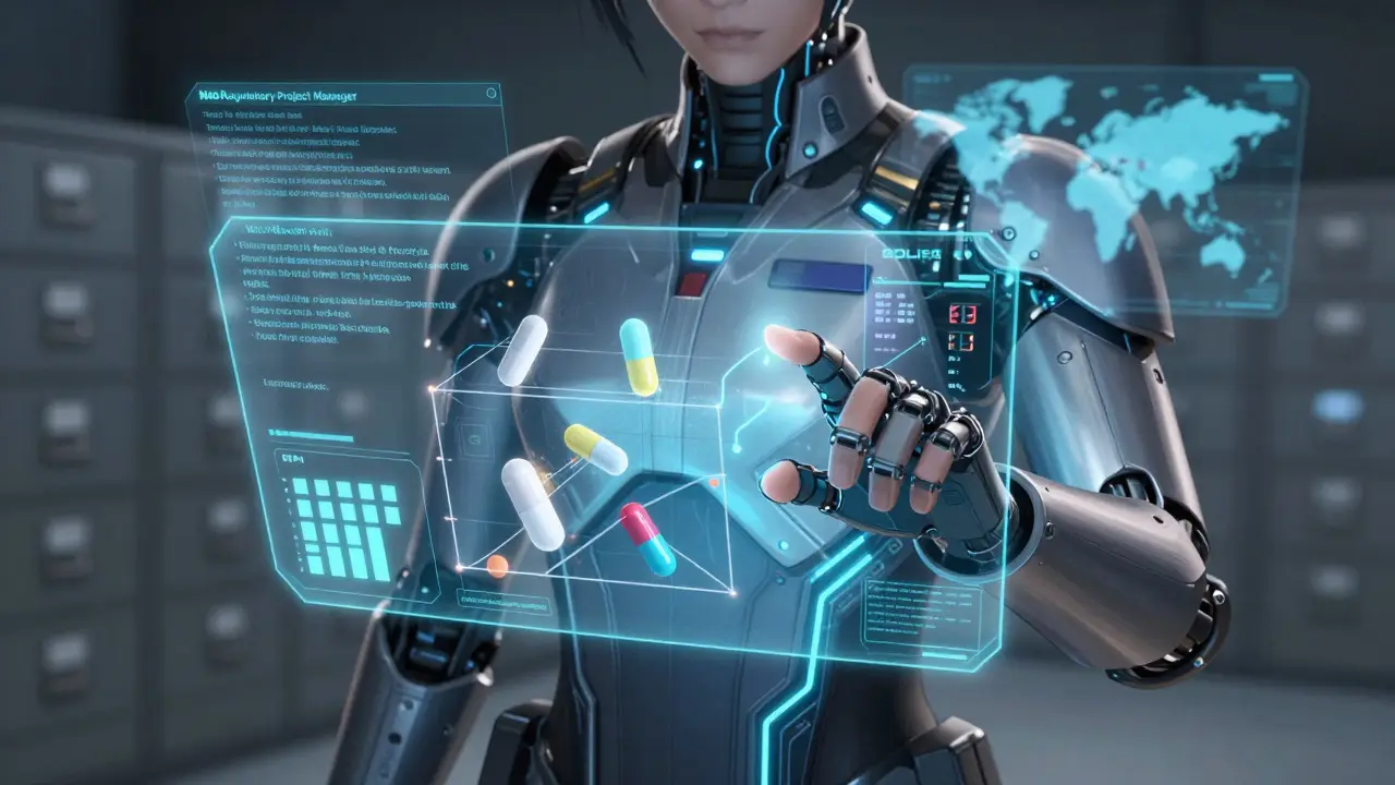 Regulatory Project Manager interacting with holographic ANDA data and Hatch-Waxman Act timelines in armored interface suit.