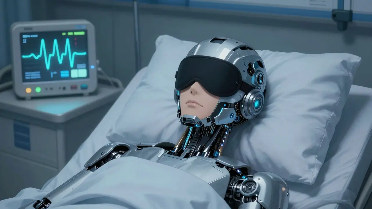 Robot wearing mechanical sleep mask with breathing monitor in hospital room