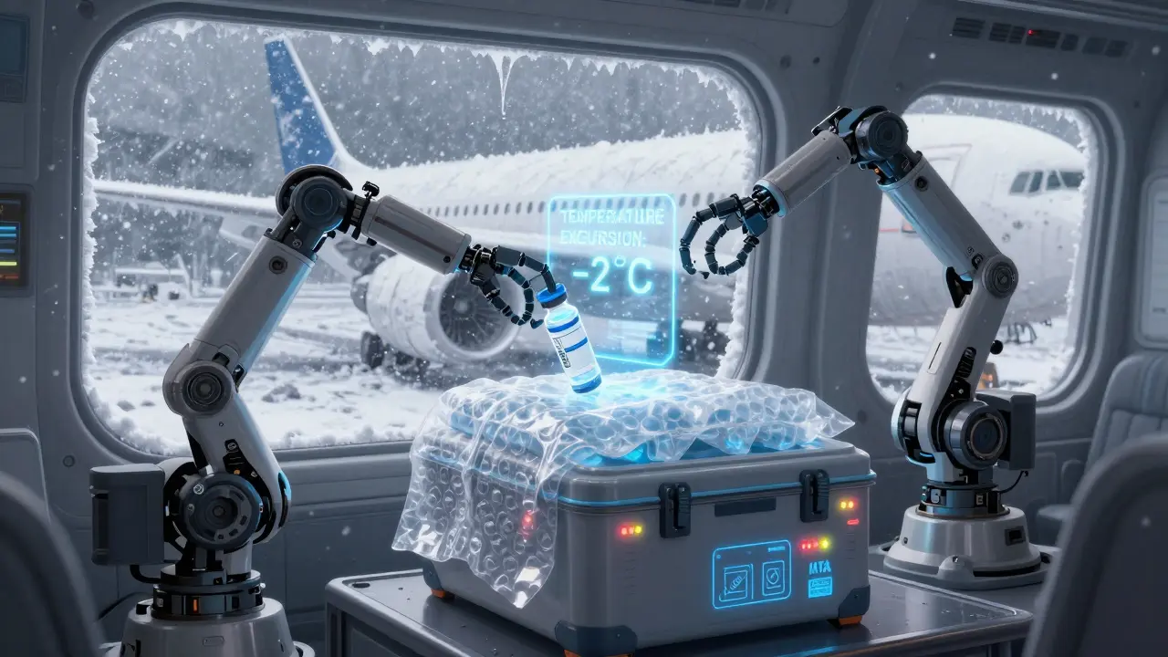 Robotic arms transferring a vaccine vial from insulated ice packs inside a cargo plane during a snowstorm.