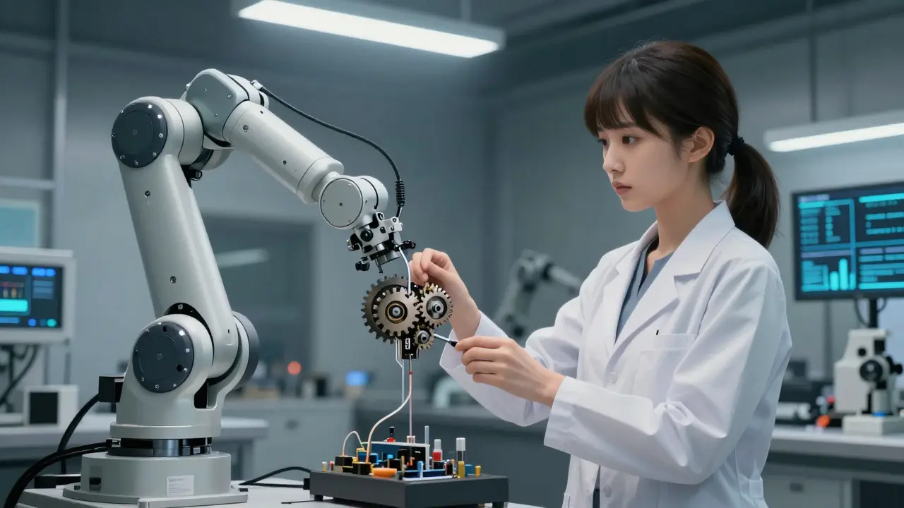 Scientist in lab using robotic arm on brain health research device.