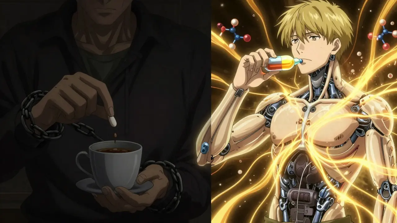 Split scene: tablet levothyroxine blocked by chains vs. liquid form absorbing smoothly with golden energy.